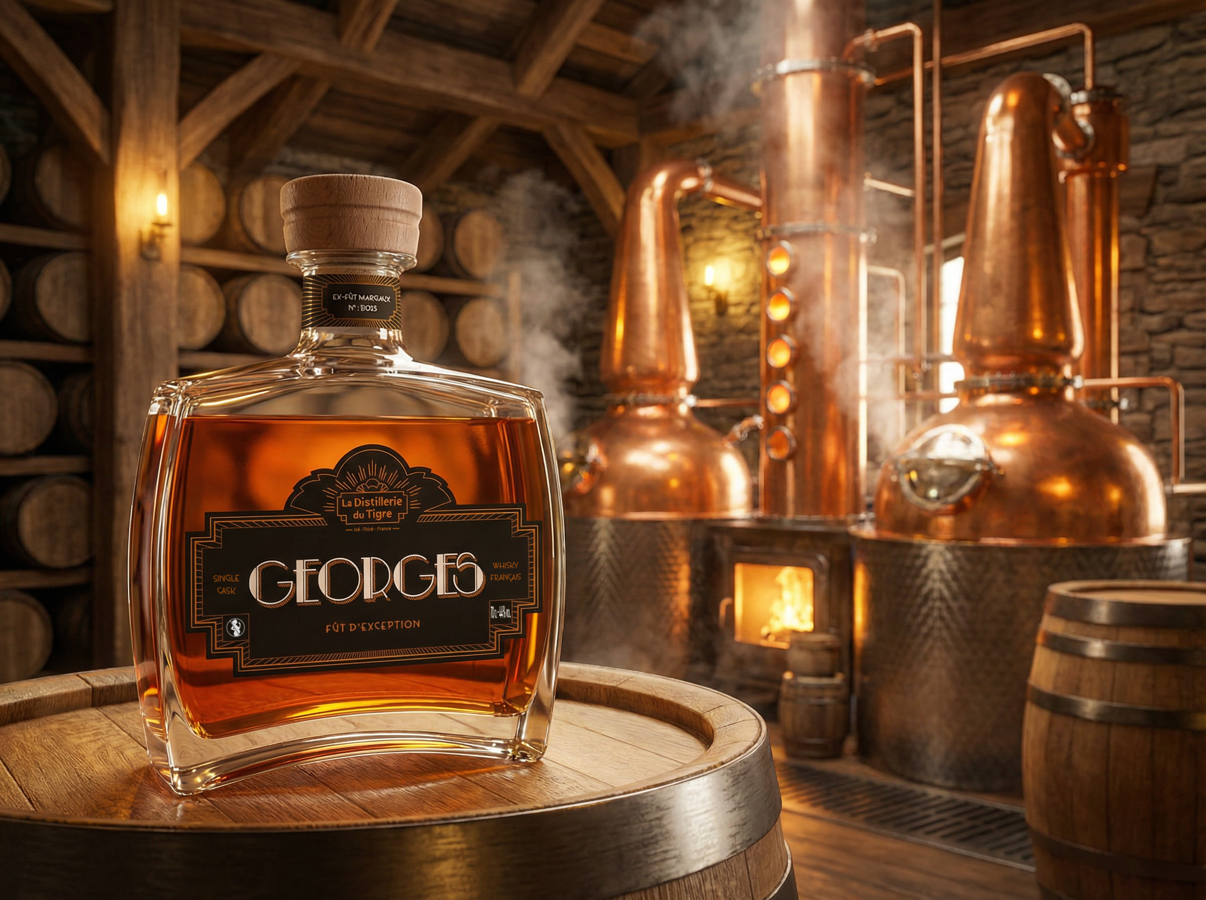 Bouteille de whisky posée sur un tonneau de la distillerie. A l'arrière plan se distinguent les alambics créant le distillat.
