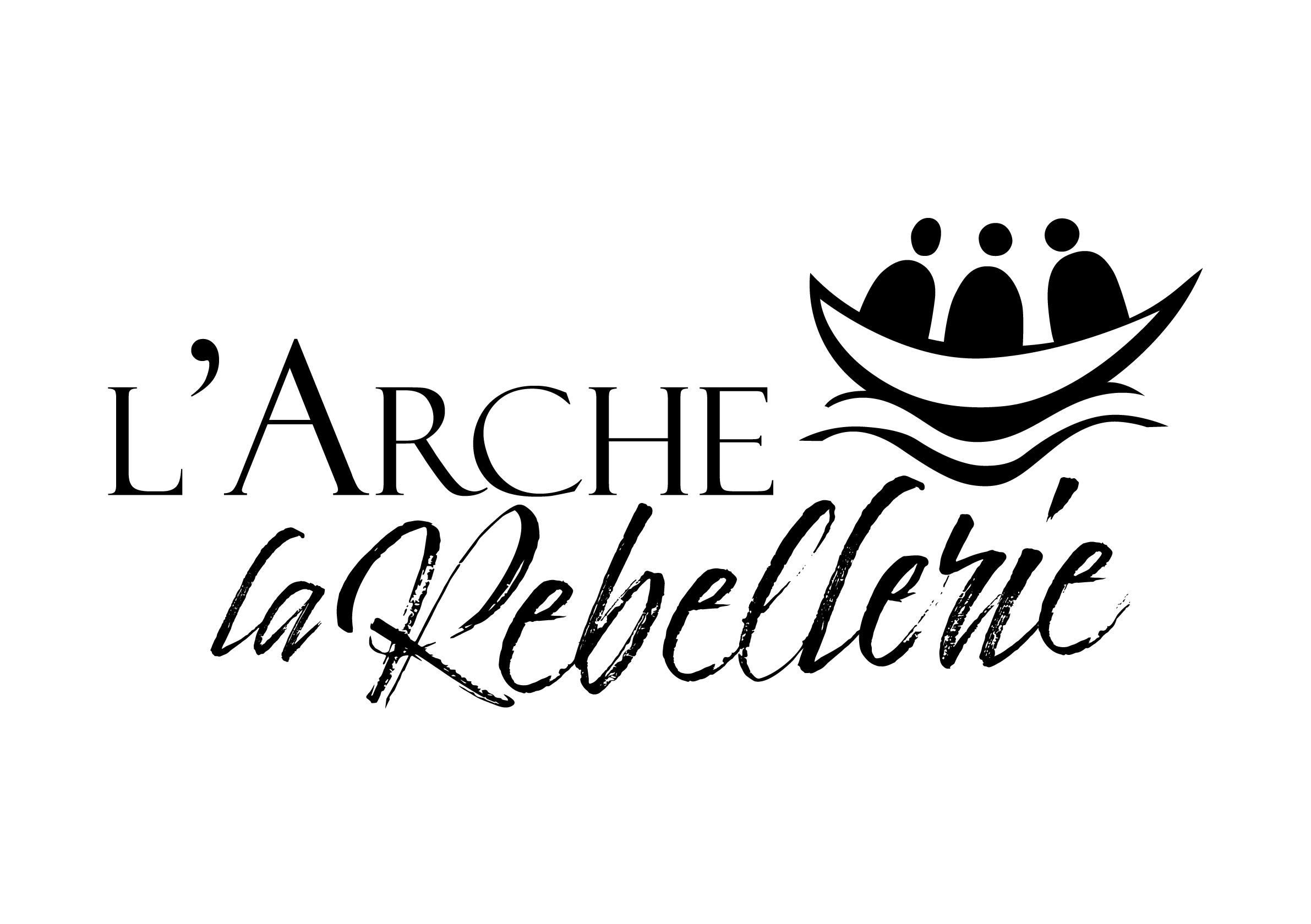 Logotype noir de l'Arche la Rebellerie. Un symbole d'embarcation, une typographie à empattement et une manuscrite la compose.