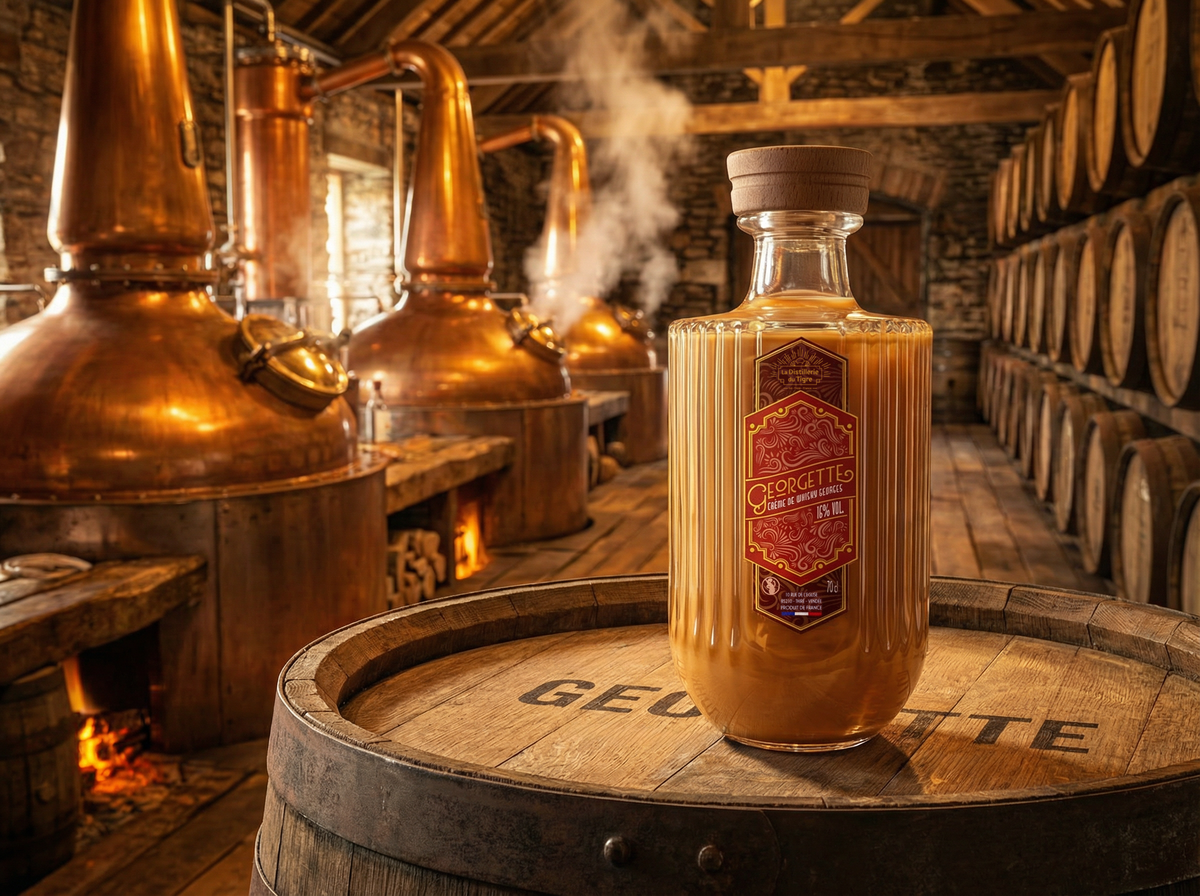 Flacon de crème de whisky posée sur un tonneau de la distillerie. A l'arrière plan se distinguent des alambics.