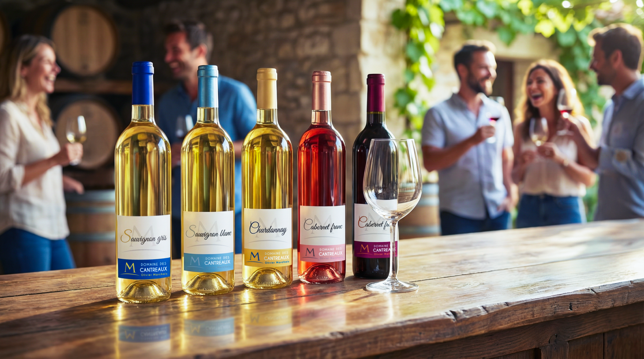 Présentation de la gamme de vin sur un comptoir, les bouteilles sont étiquetés selon la nouvelle charte.