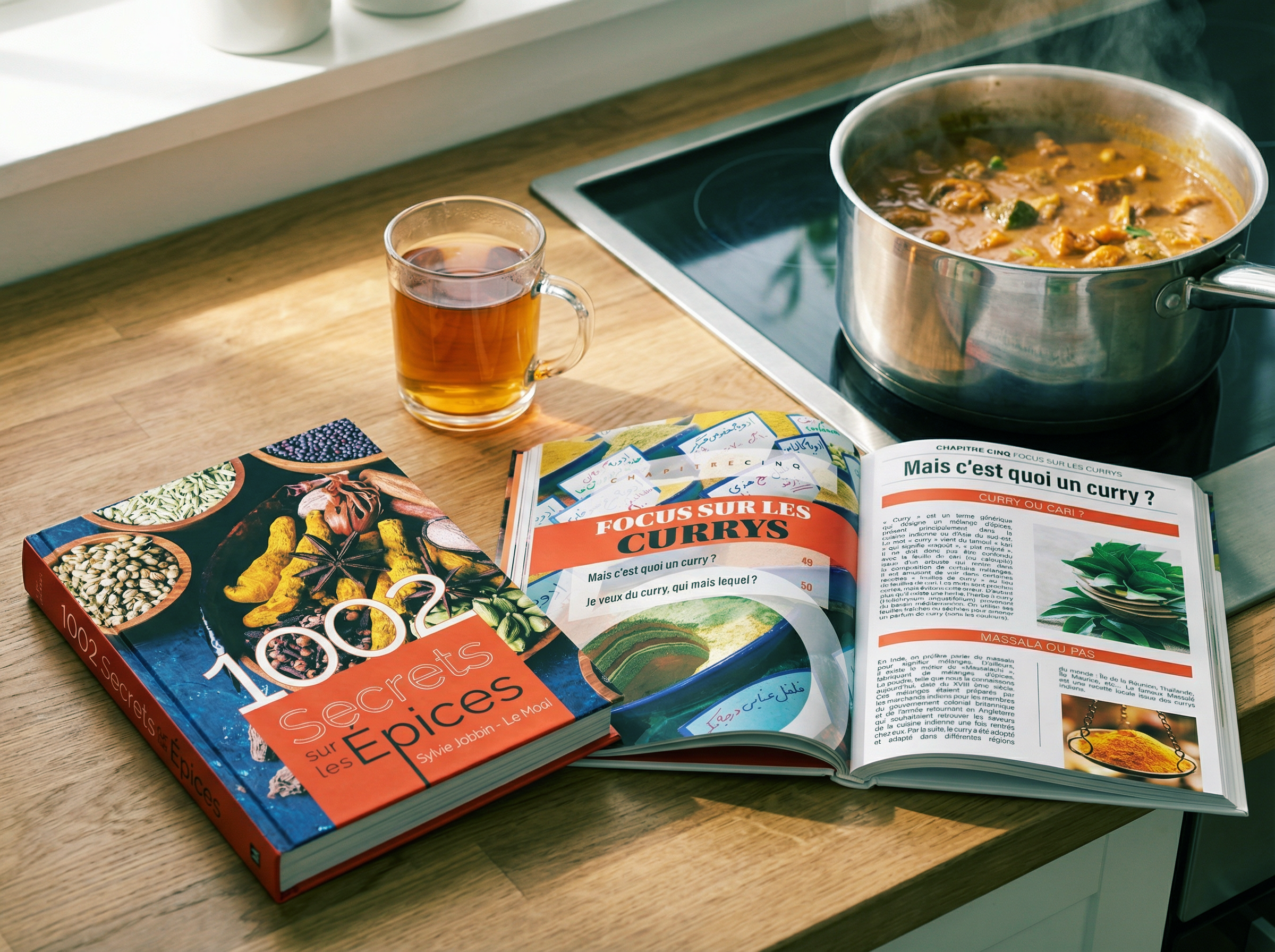 Deux exemplaires du livre imprimé. L'un fermé et l'autre ouvert sur des conseils culinaires à proximité d'un curry mijotant.