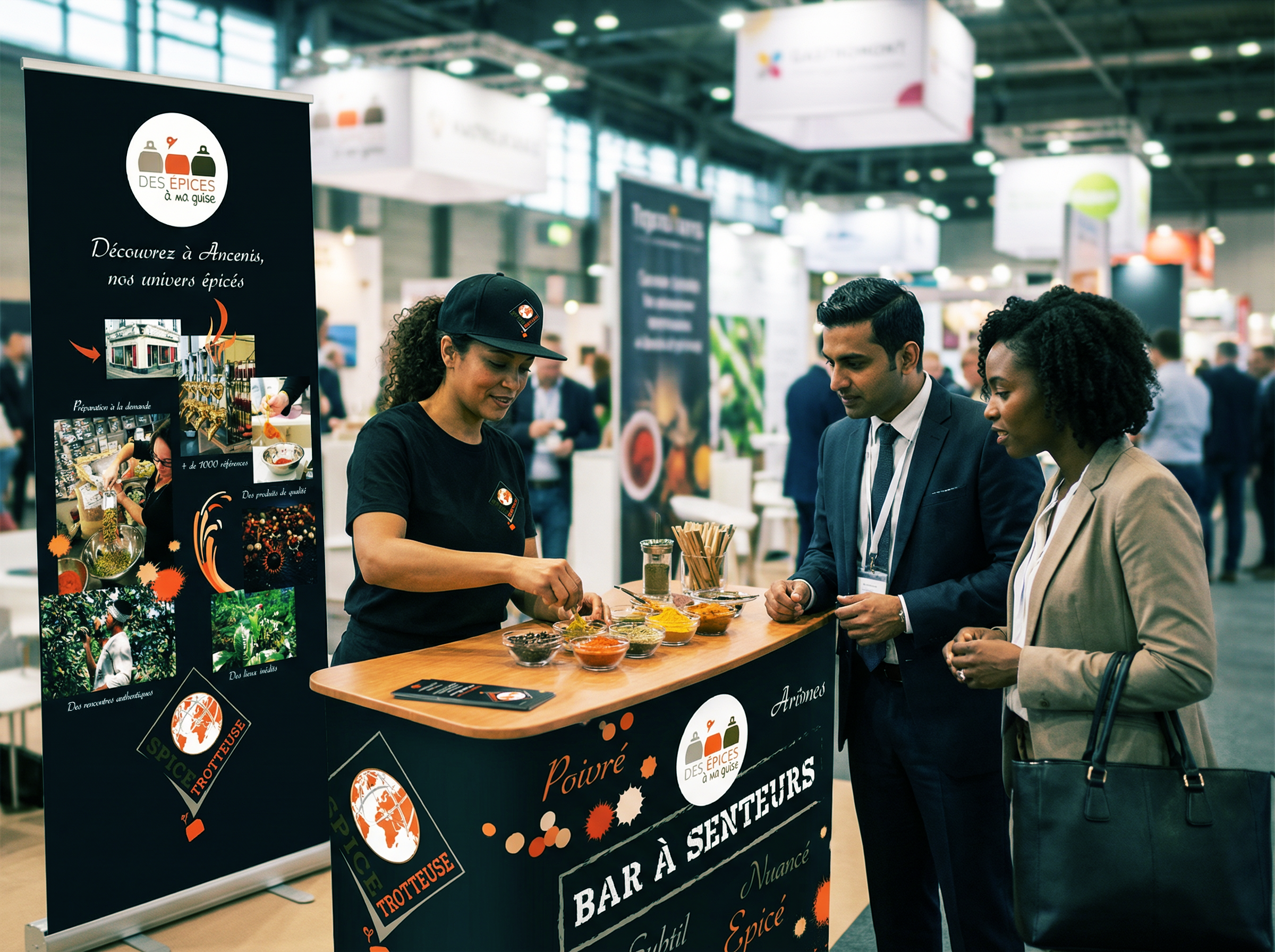 Signalétique de l'épicerie appliquée à un roll-up, un stand et sur les vêtements de l'hôtesse lors d'un salon culinaire.