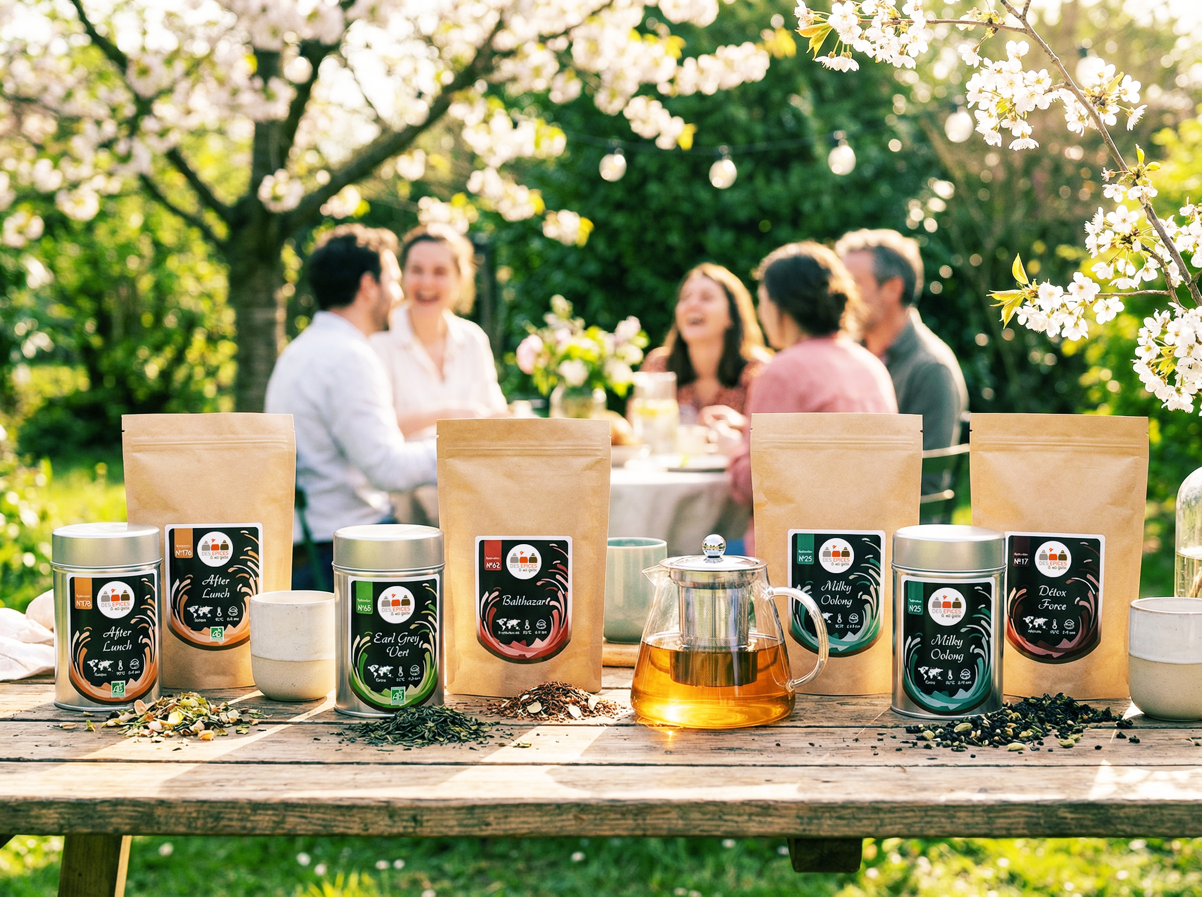 Gammes de boites et recharges de thé aux étiquettes colorées. L'ambiance printanière invite à la découvertes de ces variétés.
