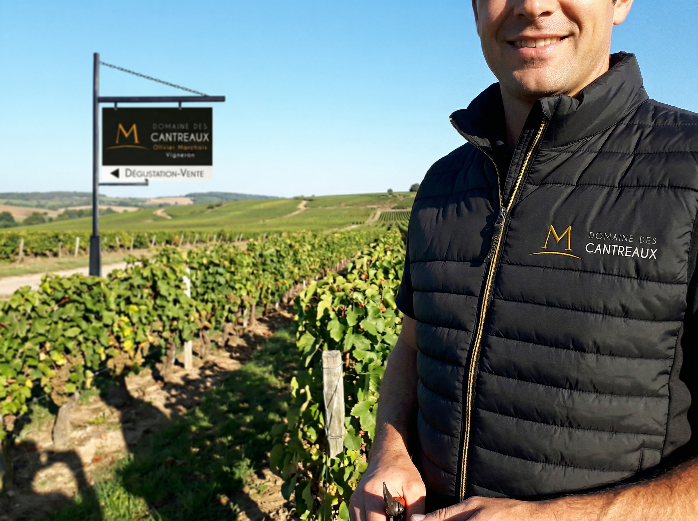 Au cœur du vignoble le vigneron arbore son bodywarmer brodé alors qu'un panneau signalétique se distingue à l'arrière plan.