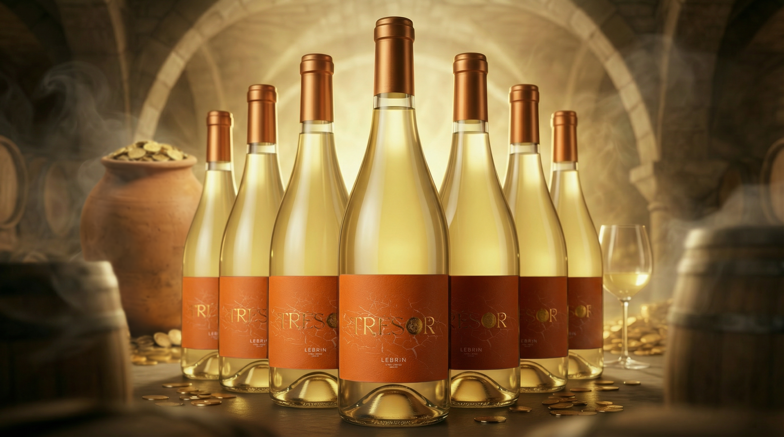 Bouteilles de vin disposée dans une cave à vin à l'ambiance mystérieuse et luxueuse faisant écho au trésor de l'arrière plan.